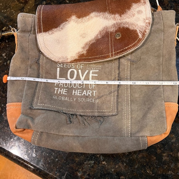 Myra Bag Seeds of Love Genuine Hair-On Cowhide Leather Canvas Crossbody Bag - Picture 7 of 7